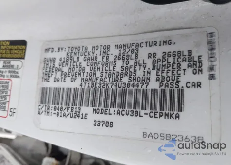 2004 Toyota Camry Le из США, поврежденный, VIN 4T1BE32K74U304477